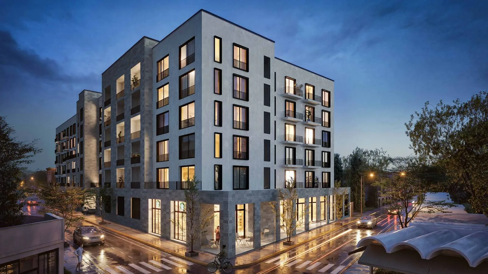 Render de la fachada de Central Escorza de noche, con locales comerciales en planta baja